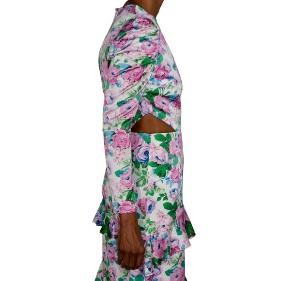Wayf Pink Floral Print on White Satin Long Sleeve Dress with Side Cut Outs - NWT - Picture 7 of 12